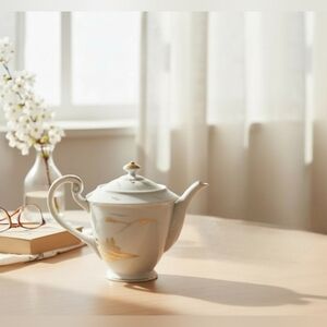 Vintage Kutani Gold and White Countryside Landscape Large Teapot